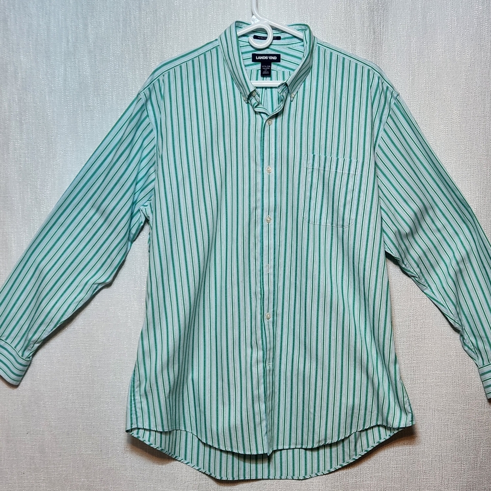 Lands End Green And White Striped Long Sleeve Cotton Shirt 17½ 34